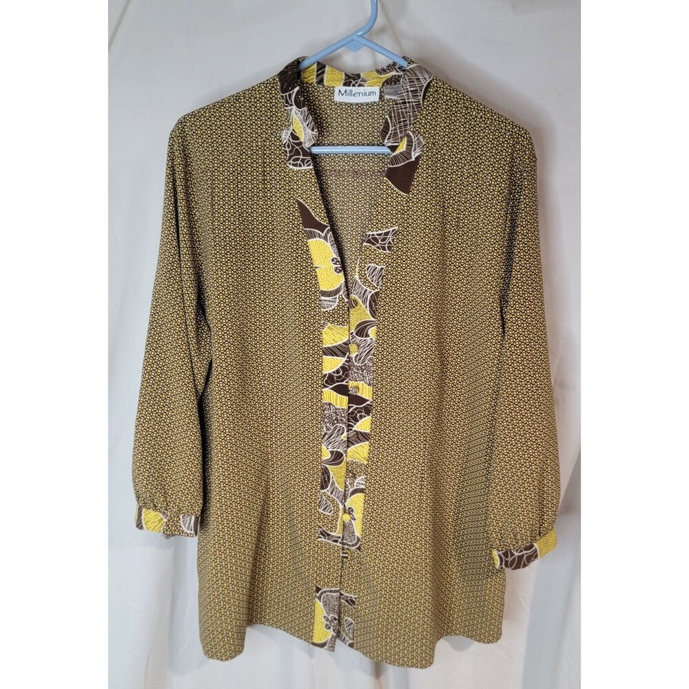 Millenium Women’s 2X Boho Geometric Button Front Blouse Brown Yellow 3/4 Sleeve